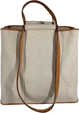 Herm&egrave;s Beige Leather Canvas Handbag Shoulder Bag Tote Bag (Pre-Owned)