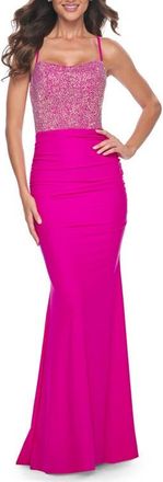 La Femme Rhinestone Bodice with Ruched Jersey Skirt Prom Dress in Hot Fuchsia at Nordstrom, Size 10