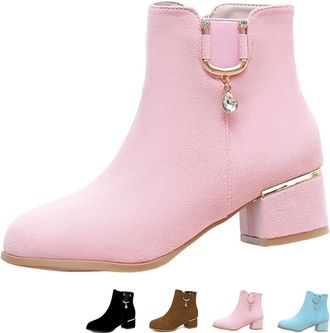 Generic Ladies Fashion Solid Suede Side Zip Chunky Heel Short Boots Stylish Low Chunky Block Heel Chelsea Booties Mid Heeled Ankle Boots (7.5,Pink)