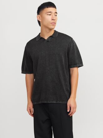 Jack & Jones Kurzarmpullover JACK & JONES JJELEO KNIT POLO SS LN, Herren, Gr. XS, schwarz (caviar), Strick, Obermaterial: 100% Baumwolle, unifarben, loose fit tail