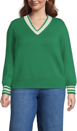 Lands End Drifter Set in Sleeve Vneck Sweater in Vibrant Clover/ivory Tipping at Nordstrom, Size 3X