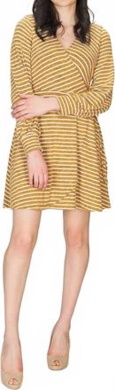 Papillon Striped Wrap Style Bishop Sleeve Dress In Mustard