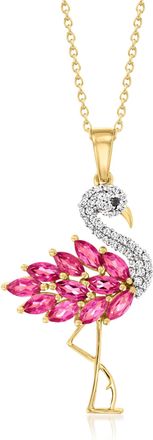 Ross-Simons Pink Topaz and. White Zircon Flamingo Pendant Necklace With Black Spinel Accent in 18kt Gold Over Sterling