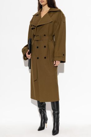 Balmain Wool Coat With Belt, Womens, Brown