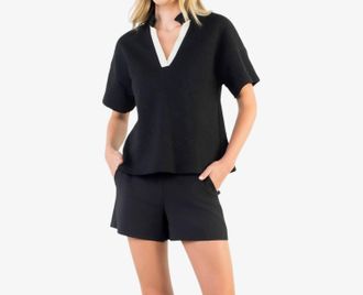 THML Clothing Contrast Trim V-Neck Top In Black