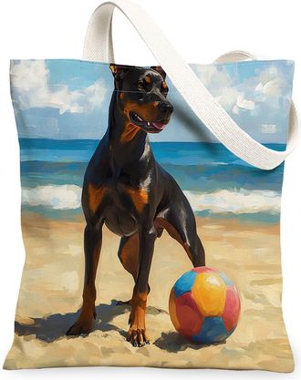 Generic Summer Husky Dog Canvas Tote Bag for Shopping 13x15, Beach Coastal Beachy Puppy Reusable Grocery Print Bag for Women, Fun Pet Beach Aesthetic Painting