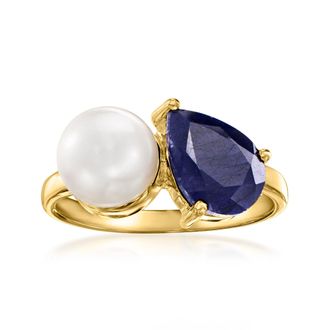 Ross-Simons 7.5-8mm Cultured Pearl and Sapphire Toi Et Moi Ring in 18kt Gold Over Sterling