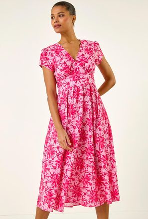 Roman Floral Print Midi Tea Dress