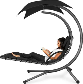 Best Choice Products Hanging Curved Chaise Lounge Chair Swing w/ Pillow, Shade, Stand