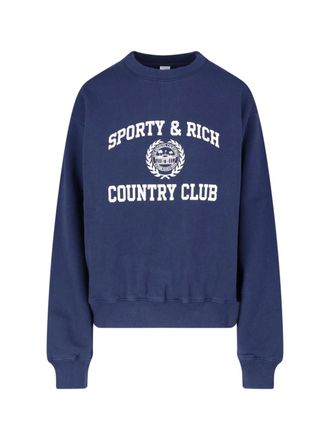 Sporty & Rich Navy Crewneck Sweatshirt with Country Club Emblem