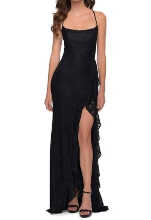 La Femme Lace Ruffle Slit Open Back Gown In Black