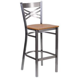 Flash Furniture Clear Coated X Back Metal Restaurant Barstool - Natural Wood Seat