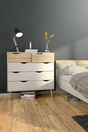 No Brand No Brand - Dmora Cajonera Con Cinco Cajones, Blanco Y Roble, Medidas 98 X 100 X 39 Cm, Con Embalaje Reforzado
