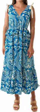 Moon River Ruffle Waist Tie Strap Midi Dress In Blue Multi