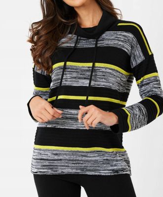 French Kyss Striped Drawstring Cowl Neck Sweater In Lime Multi