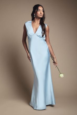 Oasis Womens Light Blue Satin Open Back Detail Maxi Bridesmaid Dress - Size 14 UK