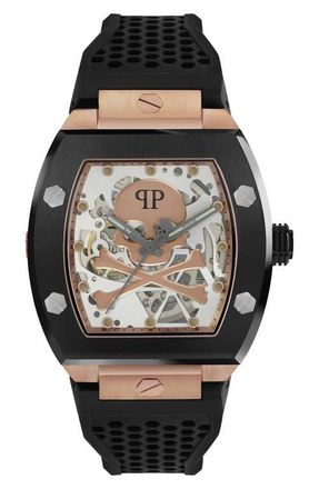 Philipp Plein The $keleton Silicone Strap Watch, 44mm in Rose Gold/Black at Nordstrom