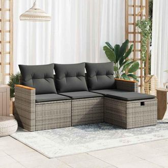 vidaXL Set De Sof&aacute;s De Jard&iacute;n 4 Pzas Y Cojines Rat&aacute;n Sint&eacute;tico Gris