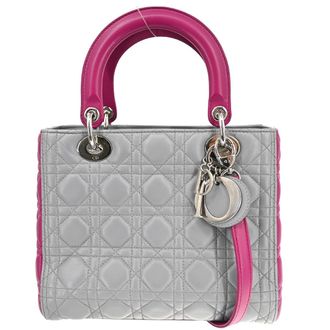 Dior Lady Dior Bag Cannage Quilt Lambskin Gray Leather Handbag (Pre-Owned)