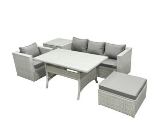 Fimous Rattan Garden Furniture Set Outdoor 5 Seater Patio Dining Sets with Glass Top Dining Table & Side Table Light Grey Mixed