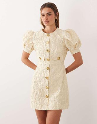 Sister Jane Esclusiva Sister Jane - Anemone - Vestito corto giallo burro in jacquard con scollo rotondo e maniche a sbuffo