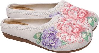 Yarnow Ethnic Style Embroidery Cotton Shoes for Women Breathable Flat Footwear with Wear-Resistant Sole Comfortable Soft Slip- Stylish Casual Flats for Indoo
