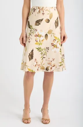 Tahari by ASL Floral Print Satin Midi Skirt in Sand Floral at Nordstrom, Size 12