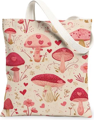 Generic Heart Pattern Peach Mushroom Canvas Tote Bags, Stylish Floral Design Reusable Grocery Bags, Lightweight Washable Shoulder S, Peach, 13x15 Inch