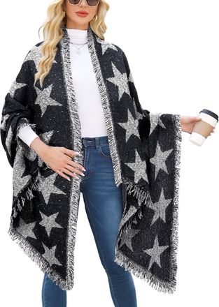 Heekpek Women Large Oversized Scarf Pashmina Wrap Poncho Thick Style Scarf Patchwork Cape Shawl (Star-black)(Size: One Size)