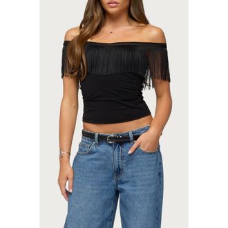 Edikted Catelina Fringe Off the Shoulder Top in Black at Nordstrom, Size X-Small