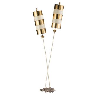 Loops 2 Bulb Twin Floor Lamp Star Shaped Base Gold Taupe Striped Shades LED E27 60W