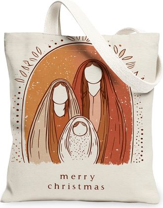 Generic Christmas Family Canvas Tote Bags, Artistic Vintage Design Lightweight Washable Shoulder Strap Reusable Grocery Bags for Ho, Beige, 13x15 Inch