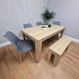 Kosy Koala Dining Table Set Oak Effect Table With 4 Grey Plastic Dining Chairs & Bench in Brown