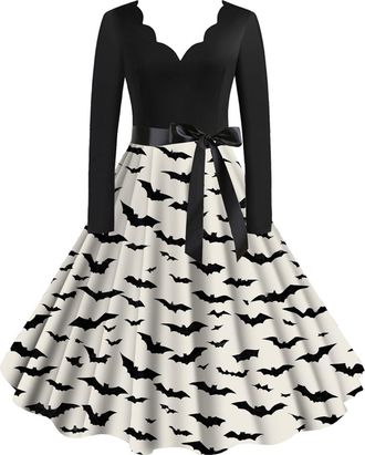 Generic Mini Dress, White Womens Halloween Tea Dress Pumpkin Printed Heart Shaped Neck Long Sleeve A-Line Bow Waist Cocktail Party Retro Halloween Vintage Roc