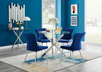 Furniturebox Novara Round Glass Dining Table & 4 Nora Silver Leg Chairs in Blue