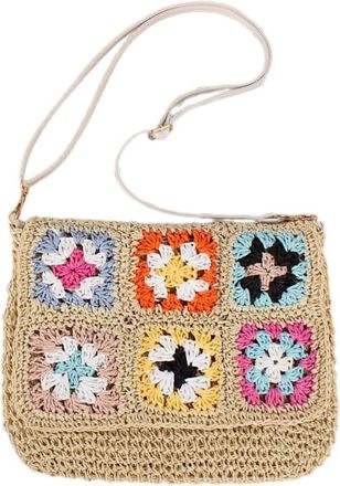 Generic Woven Paper Rope Shoulder Bag Ethnic Vintage Colorful Flower Crocheted Crossbody with Zippered for Beach