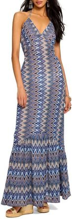 Ramy Brook Delilah Metallic Semisheer Halter Cover-Up Maxi Dress in Ocean Zigzag at Nordstrom, Size Xx-Small