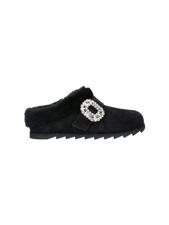 Roger Vivier Black Slidy Viv Shearling Lined Suede Mules