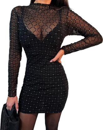 Generic Glam Long Sleeve Mesh Wrap Mini Dress with Shiny Netting Perfect for Clubbing or Parties