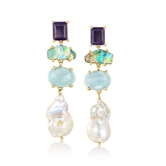 Ross-Simons 12-13mm Cultured Pearl, Aquamarine and Sapphire Drop Earrings With Black Abalone Shell in 18kt Gold Over Sterling