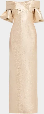 Teri Jon Off-Shoulder Metallic Jacquard Column Gown