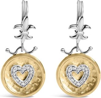 House of Brilliance 18K Yellow Gold over Silver 1/8 Ct Diamond Hammered Finished Medallion Heart Drop & Dangle Earrings