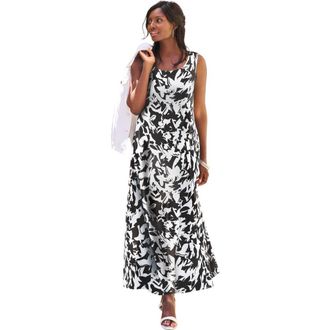 Jessica London Stretch Cotton Tank Maxi Dress in Black Abstract Floral at Nordstrom, Size 40
