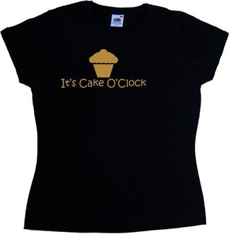 Tee Tree Designs Its Cake OClock Funny Black Ladies Fitted T-Shirt (Gold Print)-Size 12