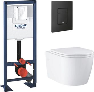 GROHE Paquete De Bastidor De Soporte De Ancho Reducido Grohe Rapid Sl + Cuenco Sin Pesta&ntilde;a Sin Reborde, Solapa Startround + Placa De Control Negro Mate