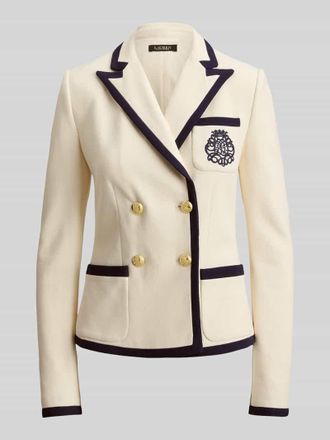 Lauren Ralph Lauren Zweireihiger Kurzblazer aus Baumwoll-Mix mit Logo-Stitchig in Marine Melange, Gr&ouml;&szlig;e 34