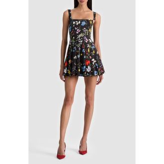 Alice & Olivia Veda Floral Pleated Stretch Cotton Minidress in Twisting Vines Black at Nordstrom, Size 10