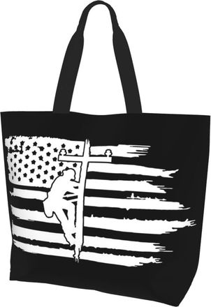 AOOEDM Lineman Powerline Technician American Flag Ladies Canvas Tote Reusable Shopping Bag