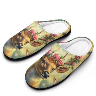 Generic Deer Flowers Womens Slippers Warm House Slippers Indoor House Shoes with Anti-Skid Rubber Sole