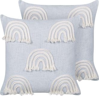 Beliani Beliani - Conjunto De 2 Cojines De Algod&oacute;n Bordado Arco Iris 45 X 45 Cm Azul Claro Leea